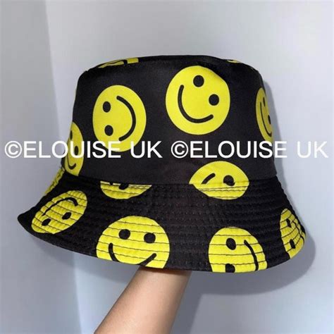 Smiley Face Bucket Hat Black Yellow Bucket Hat Rave Hat Etsy