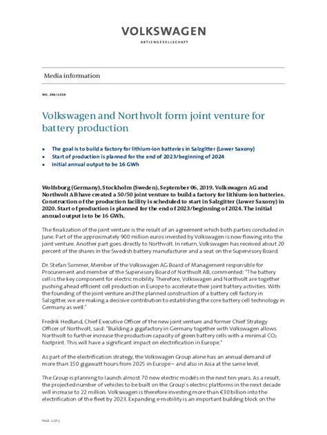 Fillable Online Volkswagen And Northvolt Form Joint Venture For Battery