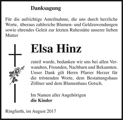 Traueranzeigen Von Elsa Hinz Abschied Nehmen De