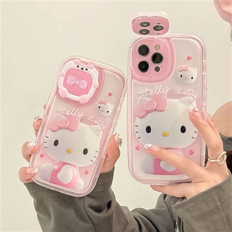 Sanrio Pink Hello Kitty With Makeup Mirror Phone Case For Iphone 11 12 13 Pro Max Mini X Xs Xr