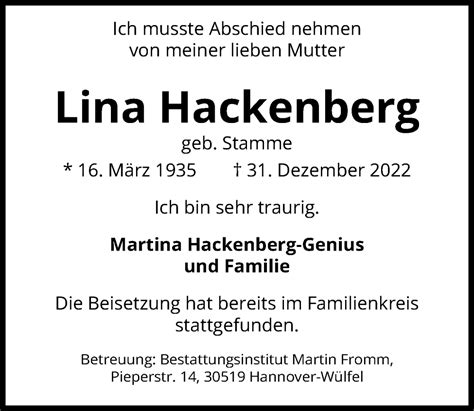 Traueranzeigen Von Lina Hackenberg Trauer Anzeigen De