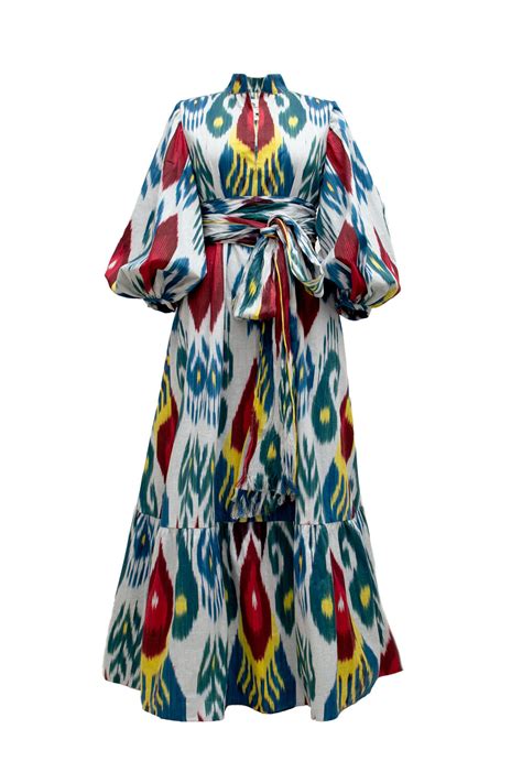 Surayo Ikat Flared Dress With Puff Sleeves Cotton Multicolor