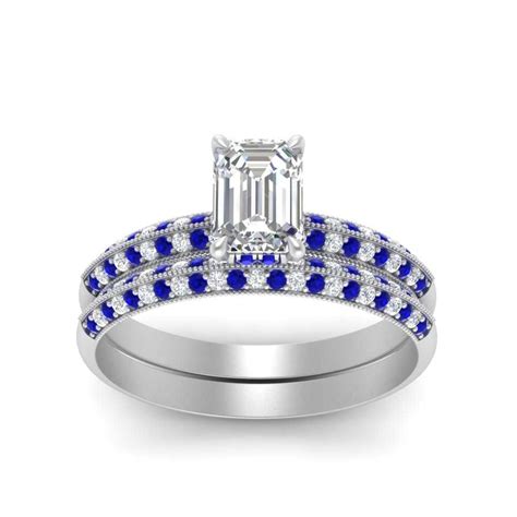 Emerald Cut Under Halo Knife Edge Moissanite Wedding Ring Set With Sapphire In 18k White Gold