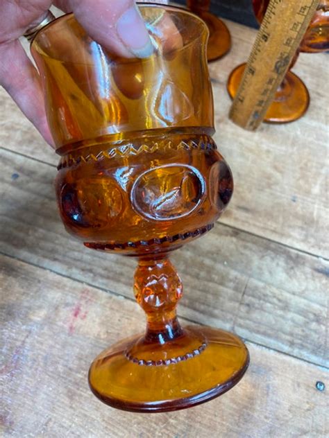 Vintage Indiana Glass Thumbprint Amber Drinking Goblets Kings Etsy