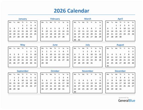 2026 Year Calendar One Page Printable