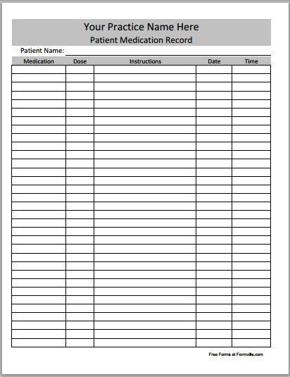 Sample Medication Record Form Templates Printable Medical Forms