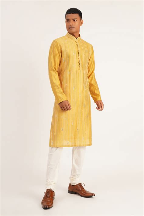 Buy Gold Cotton Silk Chanderi Embroidered Metal Kurta Set For Men By