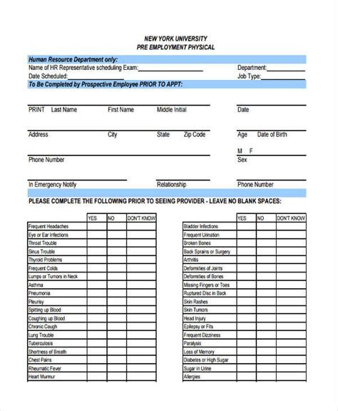 Printable Pre Employment Physical Form