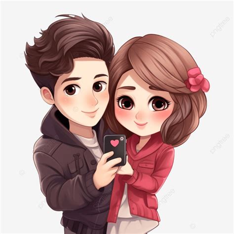 Cute Lovers Couple Taking Selfie Together Happy Valentine Chibi Cartoon Character Love Cartoon