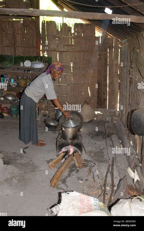 Woman Cooking On Traditional Wood Fired Stove In Rural Kitchen In