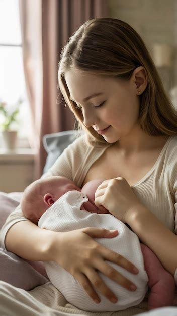 Una joven madre hermosa amamantando a su bebé recién nacido en la cama