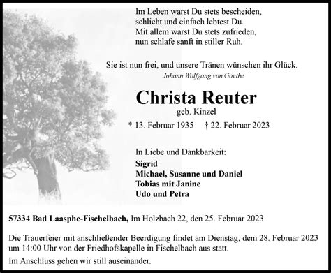 Traueranzeigen Von Christa Reuter Trauer In Nrw De