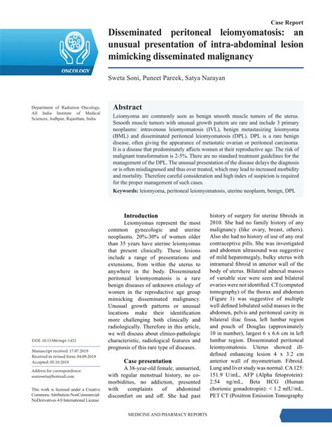 PDF Disseminated Peritoneal Leiomyomatosis An Unusual Presentation