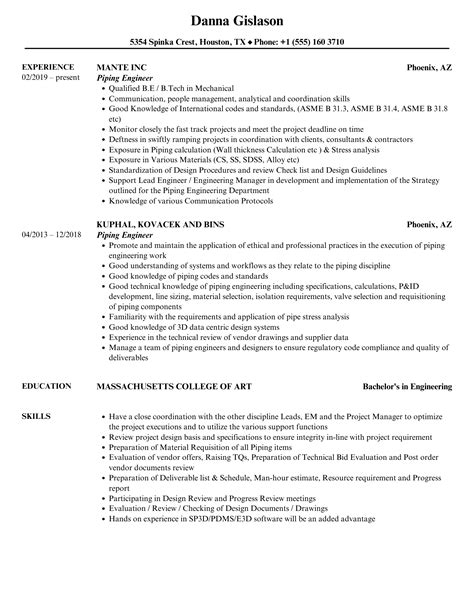 Piping Engineer Resume Samples Velvet Jobs