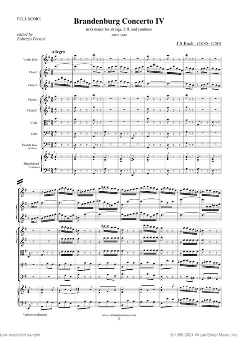 Bach: Brandenburg Concerto IV sheet music for 2 fl, strings and harpsichord