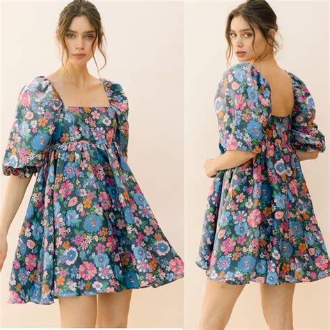 Storia Dresses Storia Multi Floral Baby Doll Mini Dress Puff Sleeve