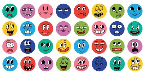 Set of cartoon comic funny faces in retro style with different ...