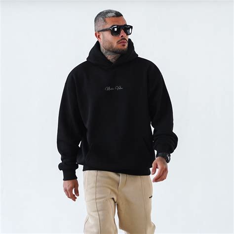 Mens Oversized Signature Detail Black Cordless Hoodie Martin Valen