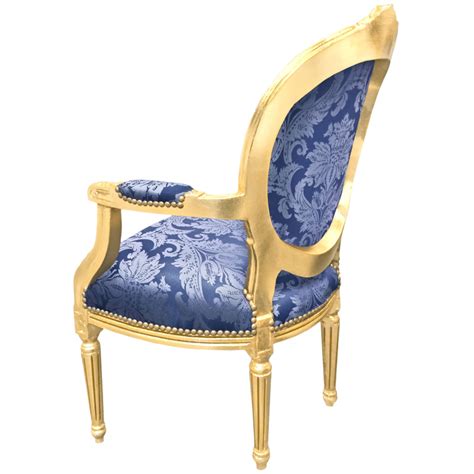 Fauteuil baroque Louis XVI satiné bleu Gobelins et bois doré