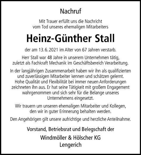 Traueranzeigen Von Heinz G Nther Stall Trauer Ms