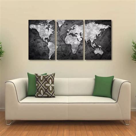 Quadro Decorativo Mapa Mundi Money Black Em Tecido 3 Peças 1 Quadros