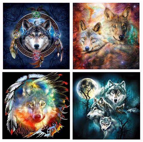 4 Pack 5d Diamond Painting Wolf Paint With Diamonds Art Crystal Craft