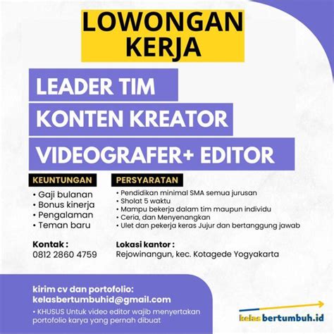 Lowongan Kerja Leader Tim Konten Kreator Videografer Editor Di