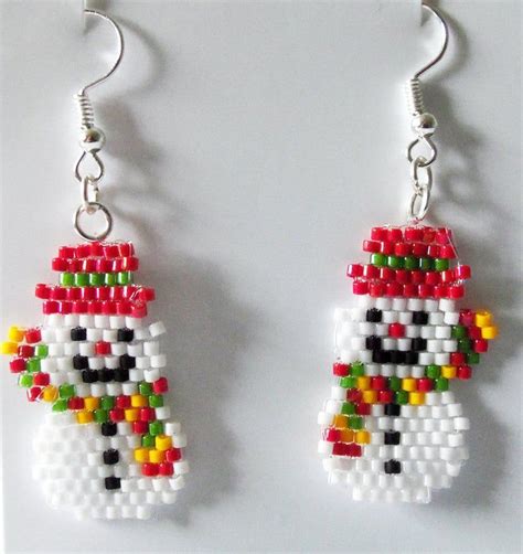 Christmas Miyuki Seed Bead Snowman Drop Earrings Etsy Seed Bead