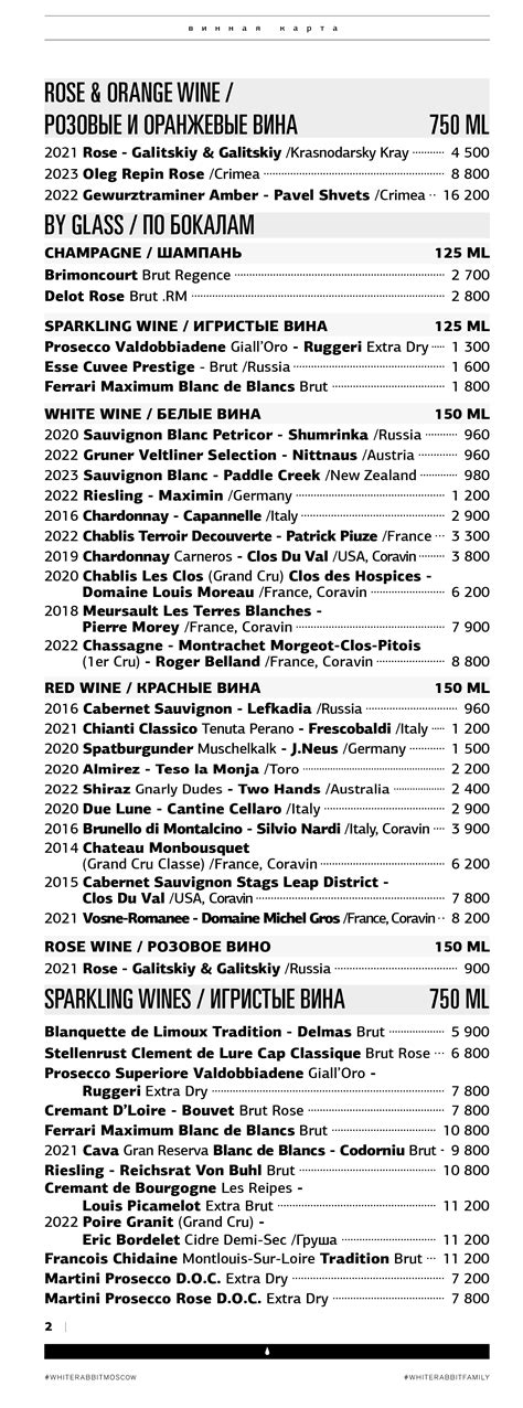 White rabbit restaurant | Menu - wine list