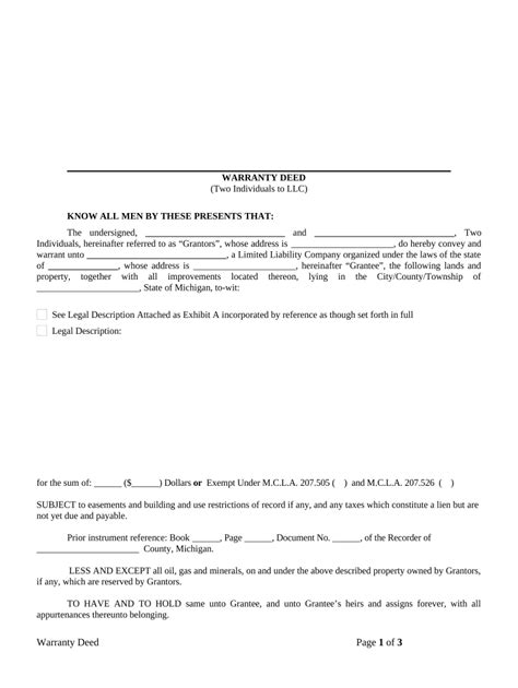 Warranty Deed From Two Individuals To Llc Michigan Form Fill Out And