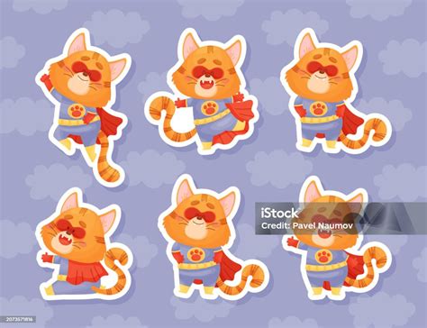 Funny Cat Superhero In Mask And Cloak Vector Sticker Set Stock