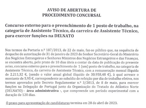 Aviso De Abertura De Procedimento Concursal Para A Categoria De