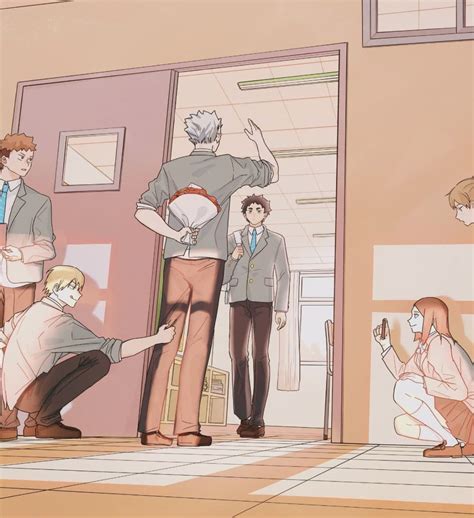 An Anime Scene With People Standing In Front Of A Door And One Person