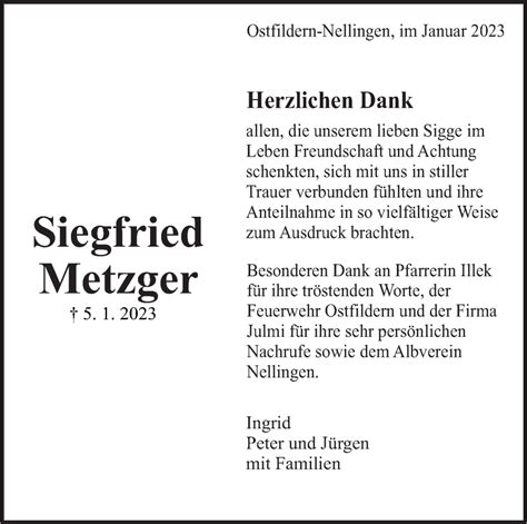 Traueranzeigen Von Siegfried Metzger Zeit Des Gedenkens De