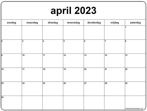 April Kalender Nederlandse Kalender April