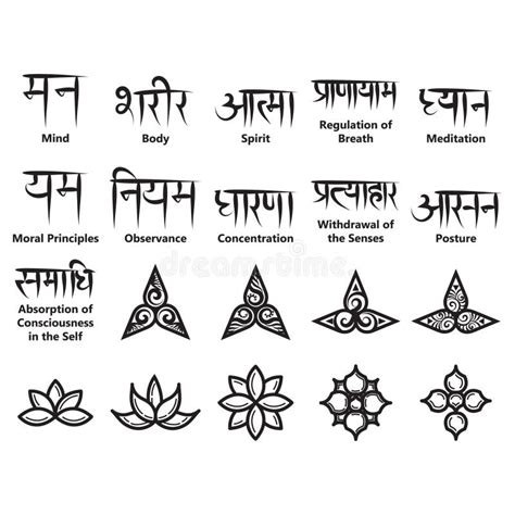 Yoga Icons And Sanskrit Texts Vector Illustration Decorative