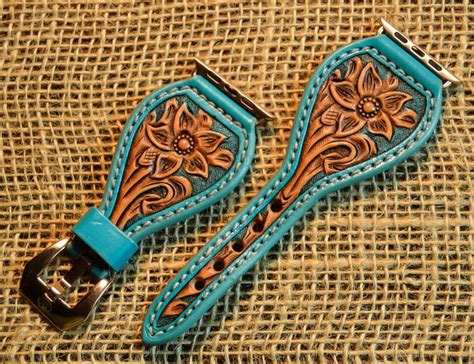 Leather Watch Band Floral Design Turquoise Hadlock Designs Leather Watch Bands Leather