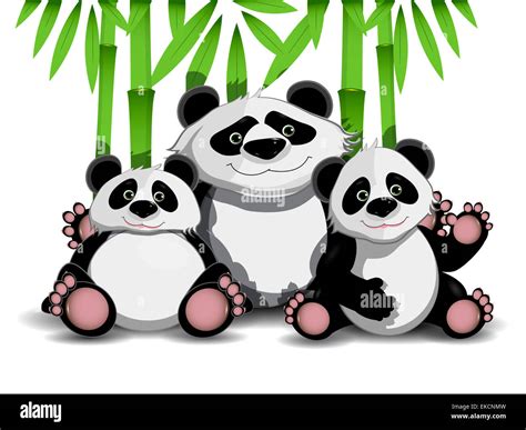 Ilustración de una familia de tres pandas y bambú Fotografía de stock