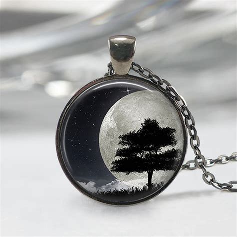 Tree Silhouette Full Moon Necklace Night Sky Tree Necklace Etsy