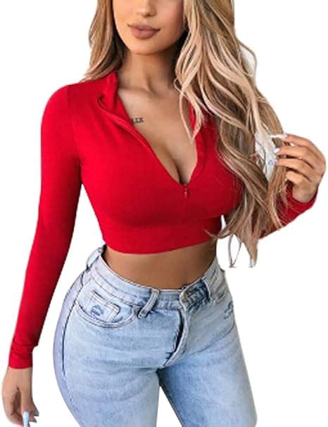 LAYAN B Damen Sexy Langarm Crop Top Damen Tiefer V Ausschnitt