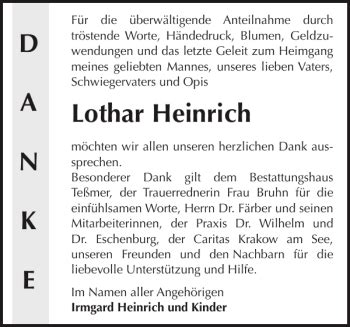 Traueranzeigen Von Lothar Heinrich Trauer Nordkurier