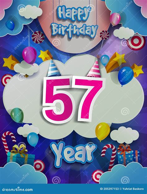 57th Birthday Celebration Greeting Card Design With Clouds And