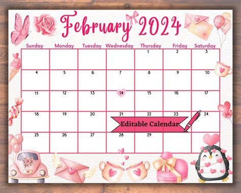 Editable February 2024 Calendar Fillable Printable Valentines Day