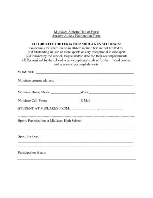 Fillable Online Midlakes Athletic Hall Of Fame Team Nomination Form