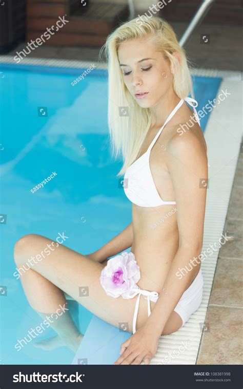 Sexy Blonde Woman White Bikini Sitting Stock Photo 108381998 Shutterstock