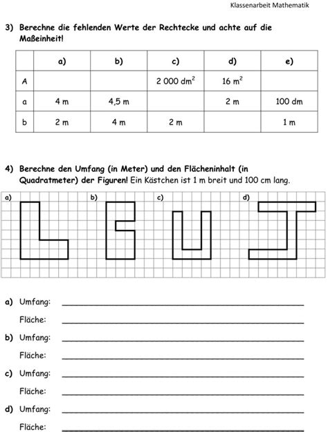 Klassenarbeit Zu Umfang Volumen Und Fl Chenberechnung