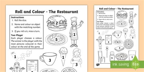 The Restaurant Aistear Roll And Colour Worksheet Twinkl