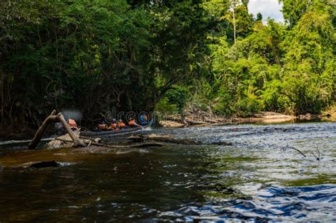 Tourists Enjoying Kuala Tahan Jetty Motor Boats In Tahan River Of Taman