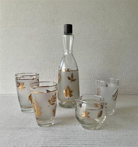 Vintage Libbey Frosted Gold Leaf Drinkware Decanter Creamer Cups Etsy