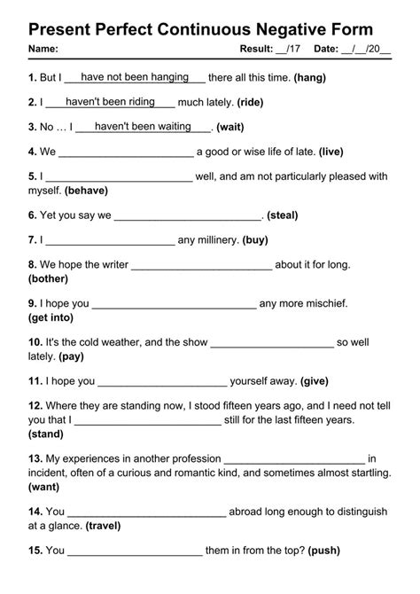 5 Present Perfect Continuous Negative PDF Worksheets with Answers ...